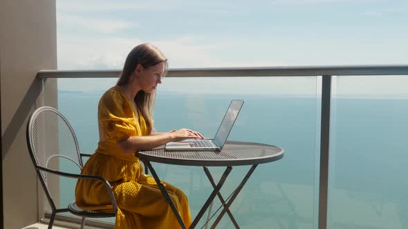 Sad Angry Woman Works with Laptop Covers Eyes with Hands Feels Tired Stressed