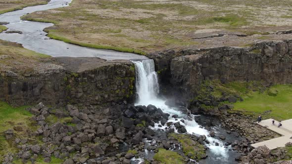 Aeriel view of Oxararfoss waterfall located between two tectonic plates, Iceland