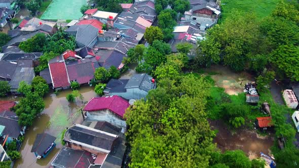 Aerial POV view Depiction of flooding. devastation wrought after massive natural disasters