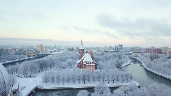 Aerial: The Cathedral in the snow-covered city of Kaliningrad, Russia