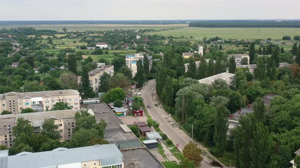 Aerial Drone video of Kalyta town buildings on the border of Kyiv Oblast and Chernihiv Oblast Ukrain