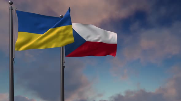 Czech Republic Flag Waving Along With The National Flag Of The Ukraine  - 4K