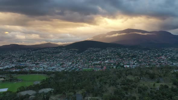 Sunset from Queen's Domain over Hobart with Mt Wellington, Tasmania Aerial Drone 4K