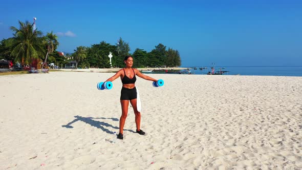 Women happy and smiling on marine bay beach break by clear sea with white sandy background of Koh Ph