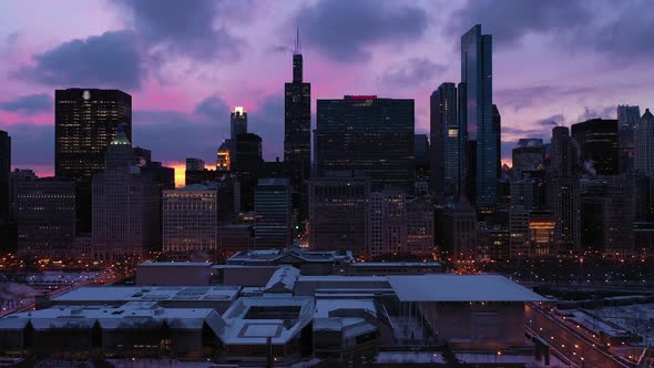 Urban Skyline of Chicago in Blue Hour in Winter