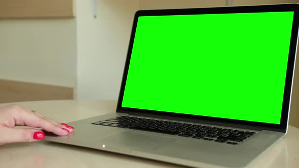 Woman Using Laptop with Keyed Blank Green Screen Indoor