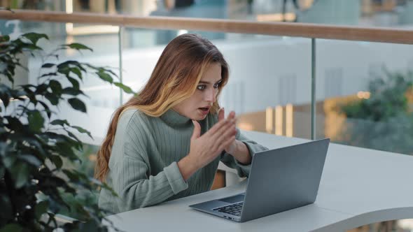 Caucasian Stressful Business Woman with Laptop Frelancer Girl Frustrated Shocked Reading Bad Online