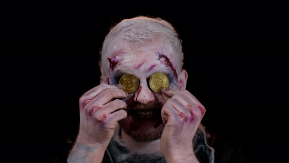 Zombie Man with Makeup with Fake Wounds Scars Vomits Golden Bitcoins Mining Btc Cryptocurrency