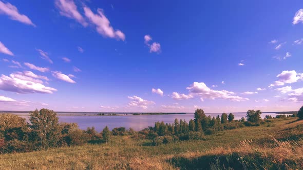 Ocean Bank and Grass Meadow Timelapse at the Summer or Autumn Time. Wild Nature, Sea Coast and Rural