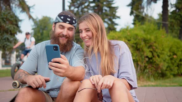 Beauty Young Millennial Friends Sitting Outside Chatting Online Park Outdoors