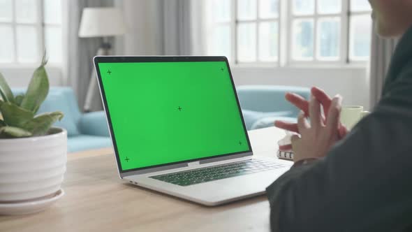 Asian Businessman Wearing Business Suit Talking On Green Screen Computer While Working At Home