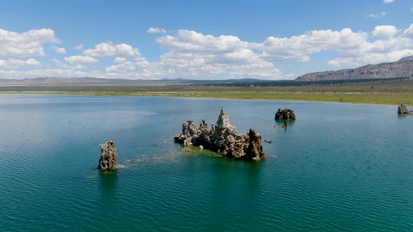 Aerial View of Mono Lake with Tufa Rock Formations During Summer Season, Mono County