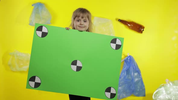 Girl Activist Holding Chroma Key Poster with Tracking Points. Environment Trash Plastic Pollution