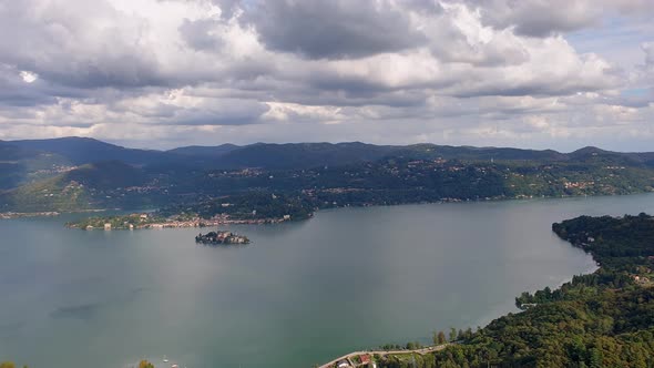 Panorama from Madonna del Sasso of San Giulio island and Orta lake, Italy