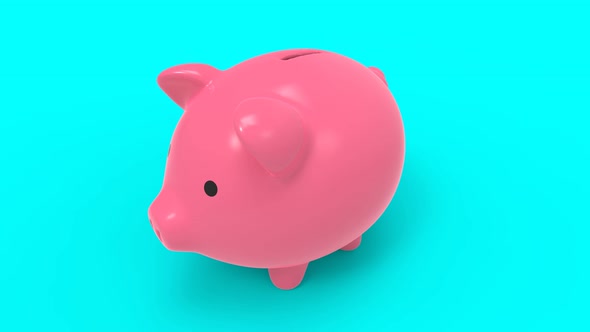 Cute pink piggy bank rotating against turquoise background