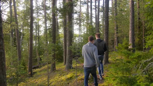 Young men hiking through a forest near a lake.