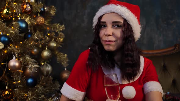 Young Woman in Santa Claus Hat Holds Big Gift, Standing Near Red Wall. Happy Female in Christmas Hat