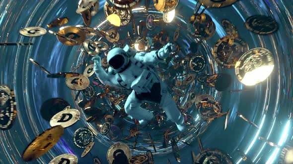 Falling Astronaut in Outer Space Surrounded By Flying Dogecoins