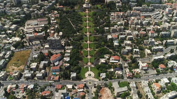 Aerial view of Baha'i gardens and buildings