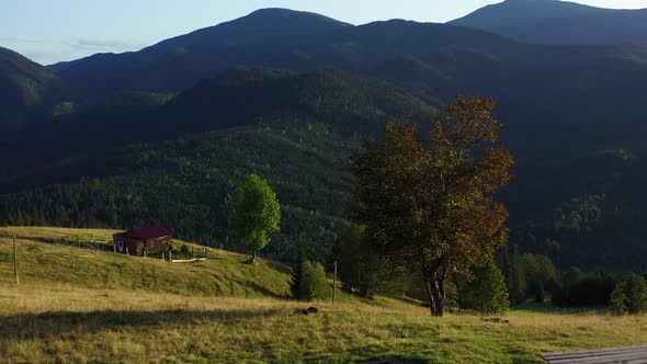 Wooden Bench Mountains Nobody in Shot Against Amazing Green Hills Landscape