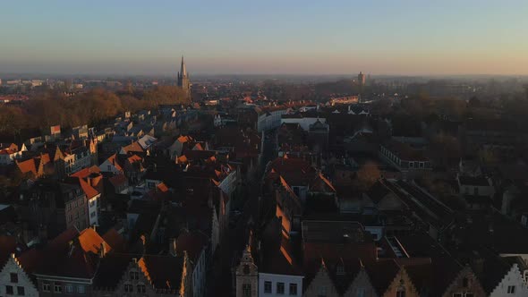 Aerial of Bruges neighborhood near Church of Our Lady