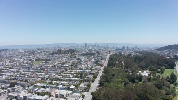 Wide aerial shot of the San Francisco skyline from Golden Gate Park. 4K