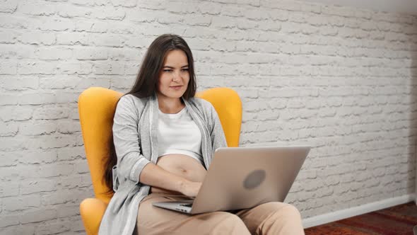 Pleasant Pregnant Young Woman Relaxing Using Laptop Sitting on Armchair at Loft Background