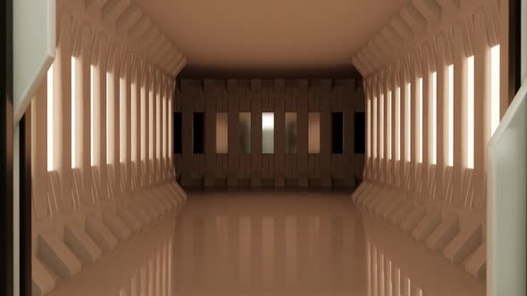 Interior of the spaceship. Futuristic corridor with the sliding door module.