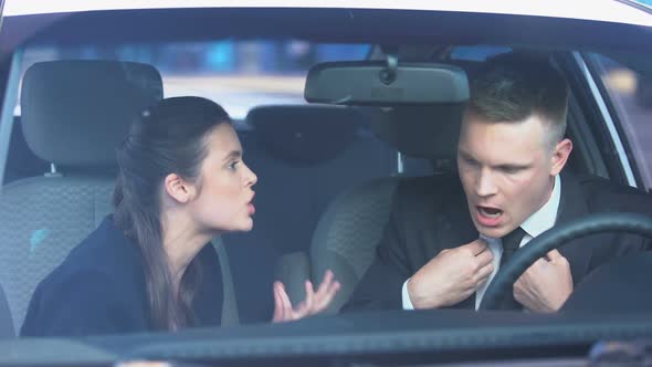 Couple Desperately Quarreling in Car, Man Kissing Lady, Hot-Tempered Relations