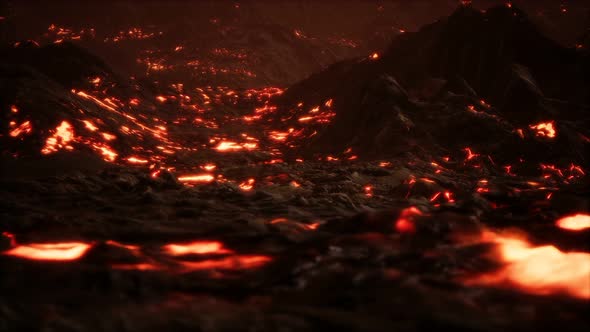 Red Orange Vibrant Molten Lava Flowing Onto Grey Lavafield and Glossy Rocky Land alt