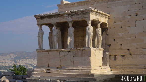 4K Caryatid of the Erechtheion Temple in front on the Acropolis, Athens, Greece