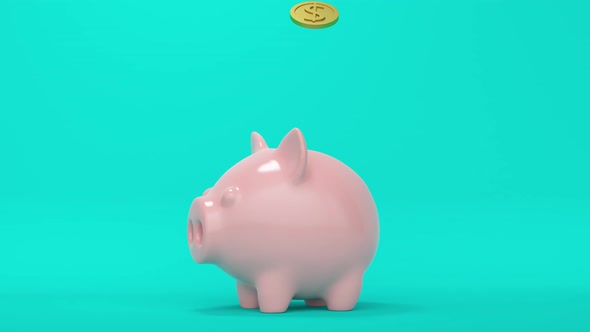 Pink Piggy Bank with Falling Gold Coins
