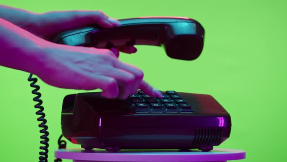 Old Phone Closeup Retro Wired Telephone on Chroma Key Green Background