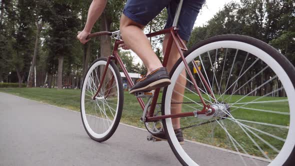 Unrecognizable Young Man Riding a Vintage Bicycle. Sporty Guy Cycling at the Park. Healthy Active