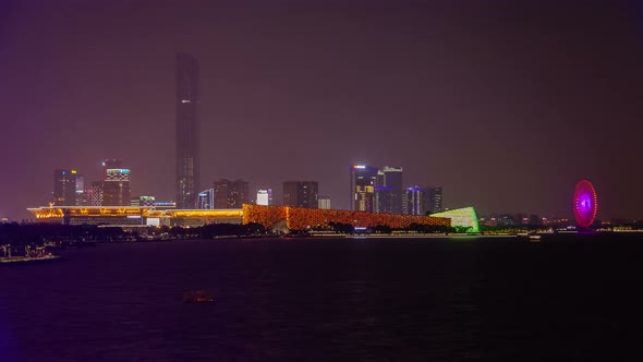 Night Suzhou Lights at Jinji Lake in Jiangsu China Timelapse