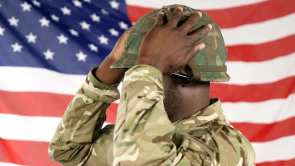 Portrait of military soldier wearing helmet