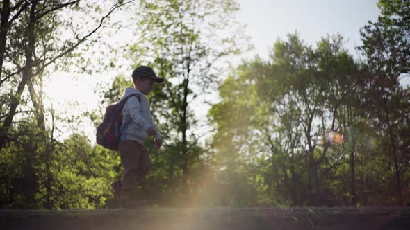 Little Boy with a Backpack Walks in the Woods at Sunset