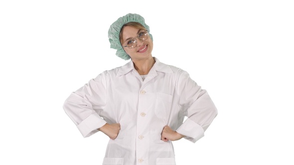 Female geek doctor with hands on hips on white background.