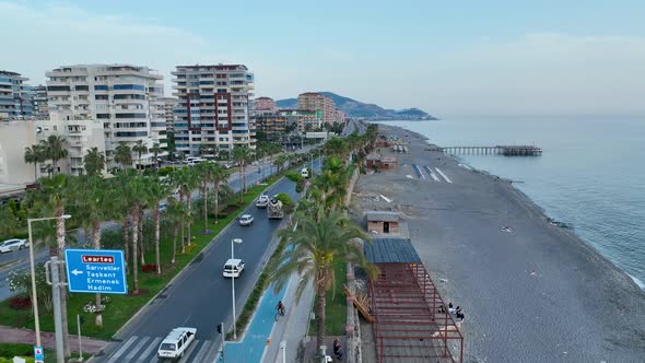 Traffic on the Beach aerial view 4 K Turkey Alanya