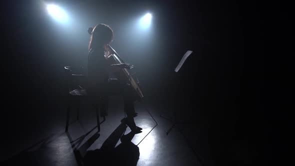 Musician Plays the Cello in Dark Studio. Silhouette. Black Smoke Background