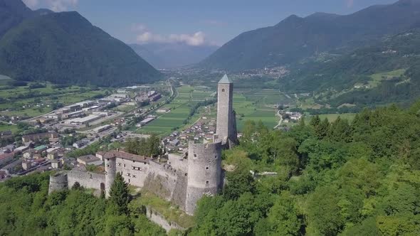 Aerial panoramic view of Borgo Valsugana in Trentino Italy with views of the city and mountains, dro