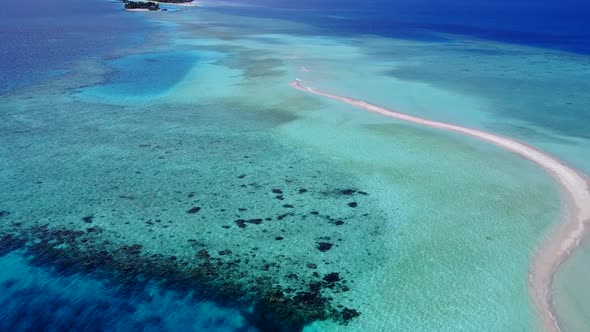 Aerial drone landscape of bay beach voyage by blue sea with sand background