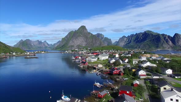 Flying over Reine on Lofoten islands, Norway