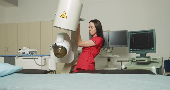 Portrait of Young Attractive Woman Doctor Standing Near Modern Ultrasonic