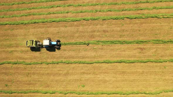 Aerial view of tractor at work in the field. Special machinery for collecting dried grass