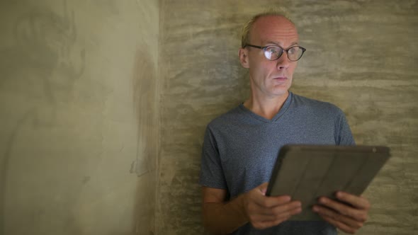 Mature Scandinavian Man Using Digital Tablet at Home