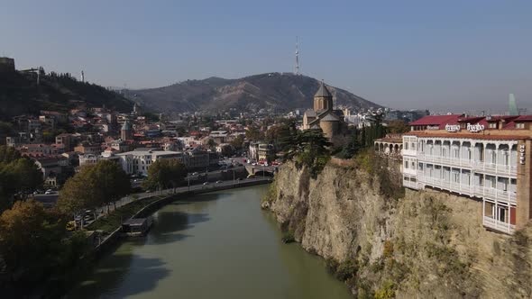 Stunning View of Tbilisi Tall Cliffs Along the River Kura Cityscape Mountain