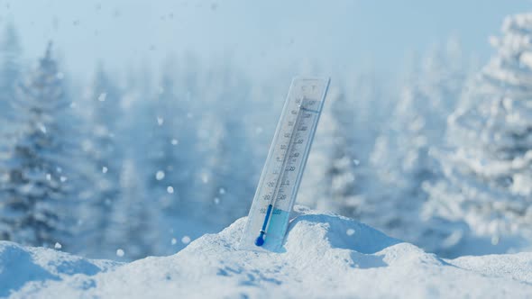 The thermometer at the snowdrift in the beautiful white snowy surrounding.Winter