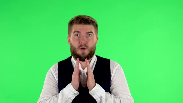Surprised Man with Shocked Face Expression. Green Screen