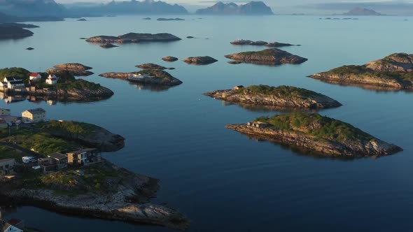 Flight above sea and view on the Henningsvaer fishing village Lofoten Islands,Norway